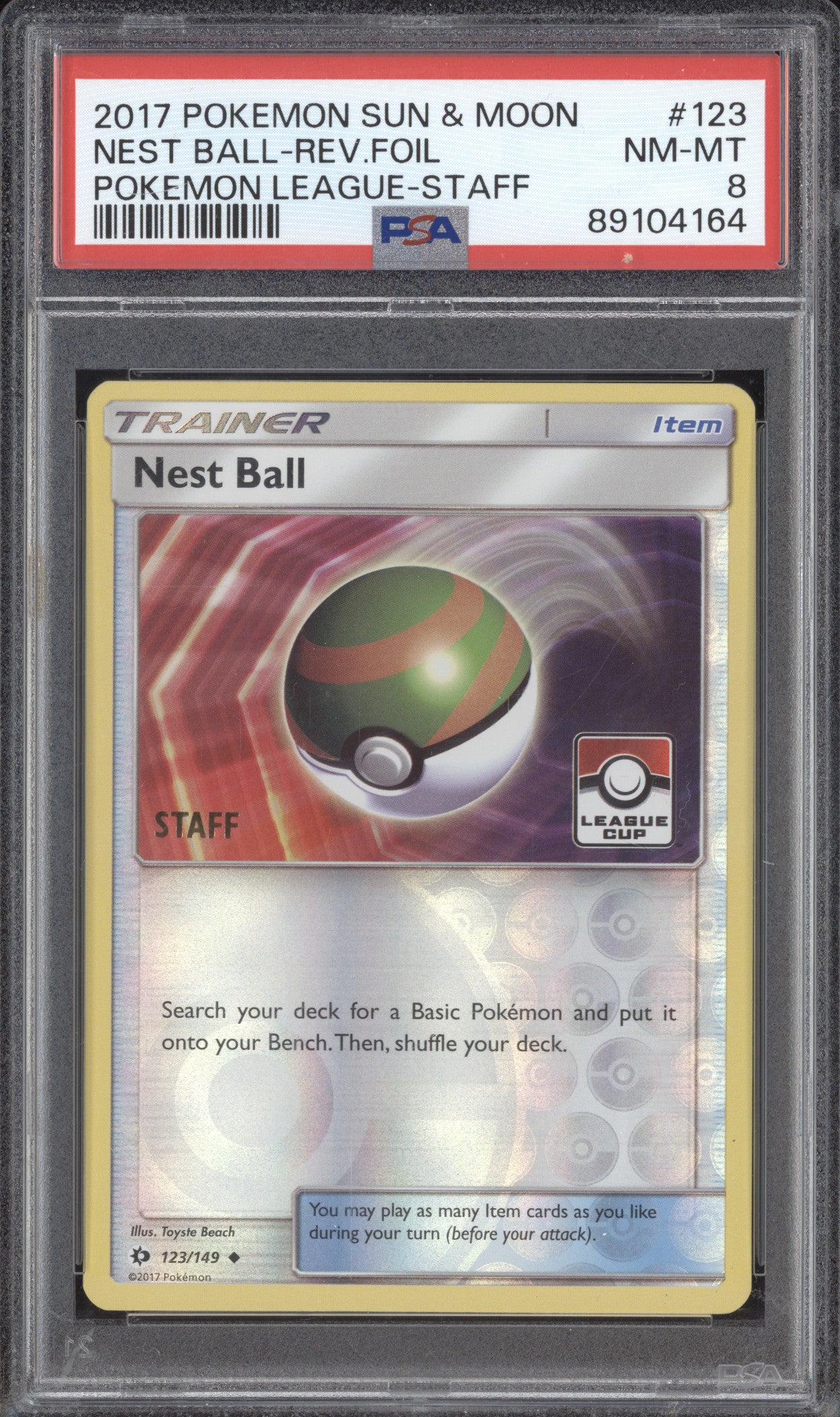 Nest Ball 2017 Pokemon Sun & Moon 123/149 Pokemon League Staff Rev Foil PSA 8