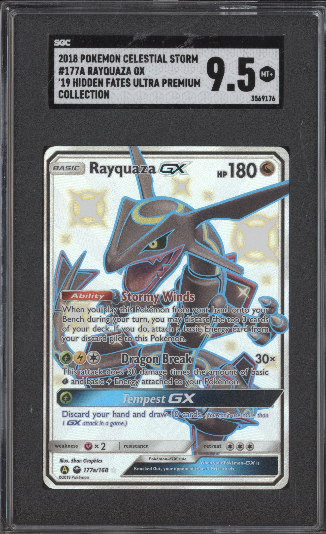 2018 Pokemon Celestial Storm 177a Rayquaza GX Hidden Fates SGC 9.5