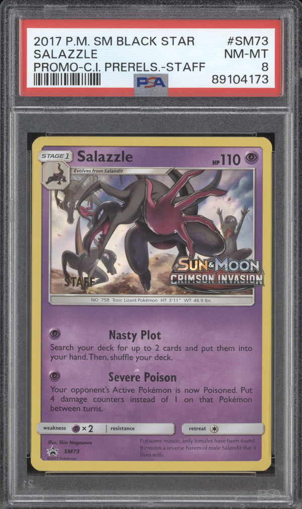 Salazzle 2017 Pokemon Sun & Moon SM73 Crimson Invasion Prerelease Staff PSA 8