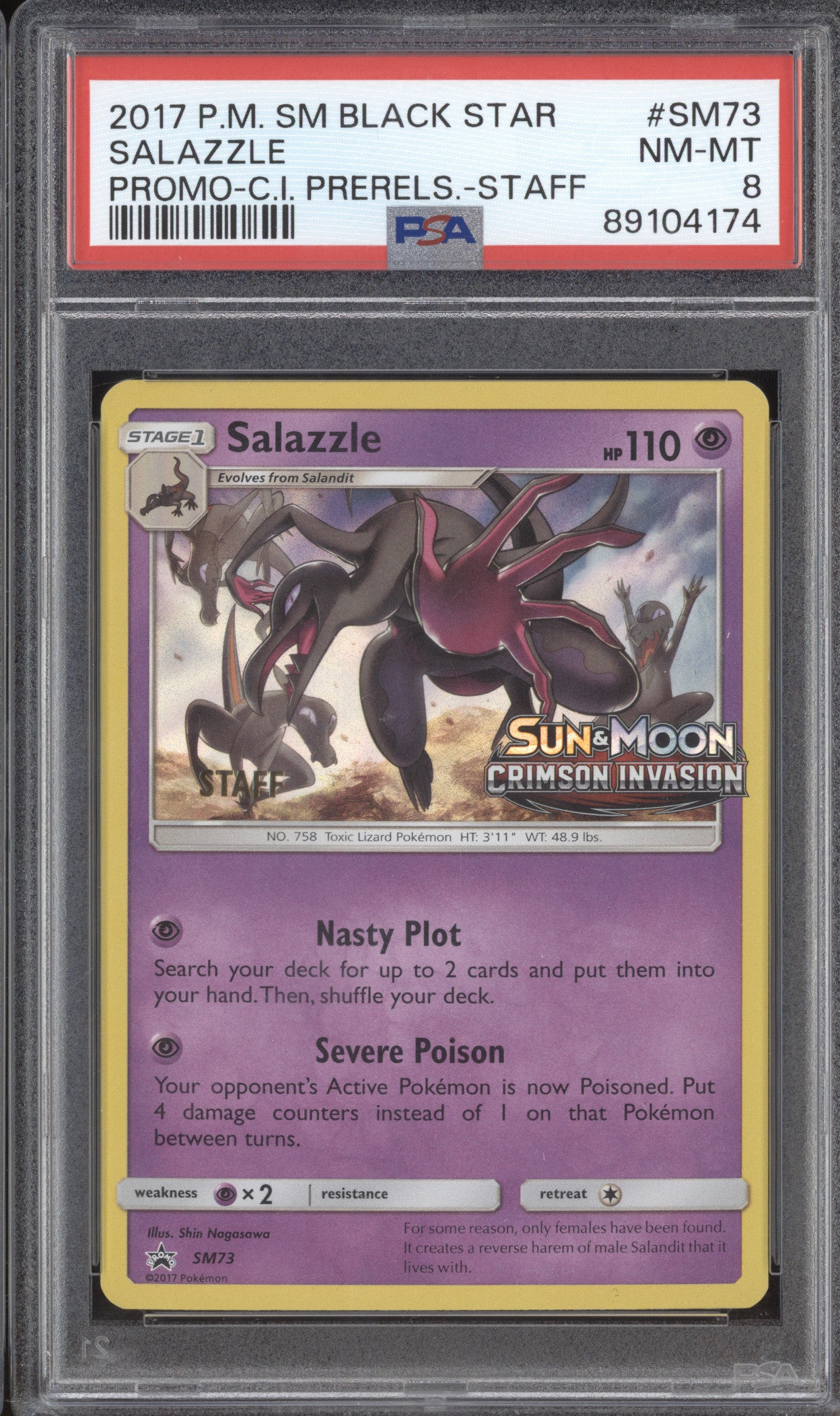 Salazzle 2017 Pokemon Sun & Moon SM73 Crimson Invasion Prerelease Staff PSA 8