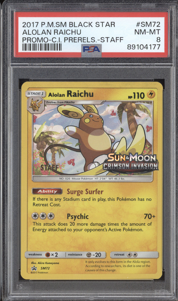 Alolan Raichu 2017 Pokemon Sun & Moon SM72 Crimson Invasion PreStaff PSA 8