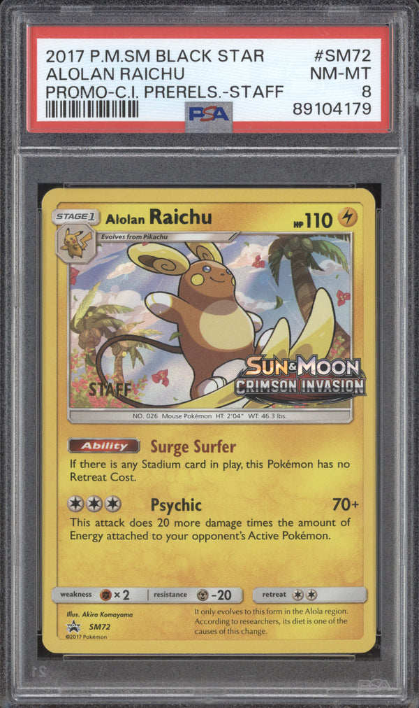 Alolan Raichu 2017 Pokemon Sun & Moon SM72 Crimson Invasion PreStaff PSA 8