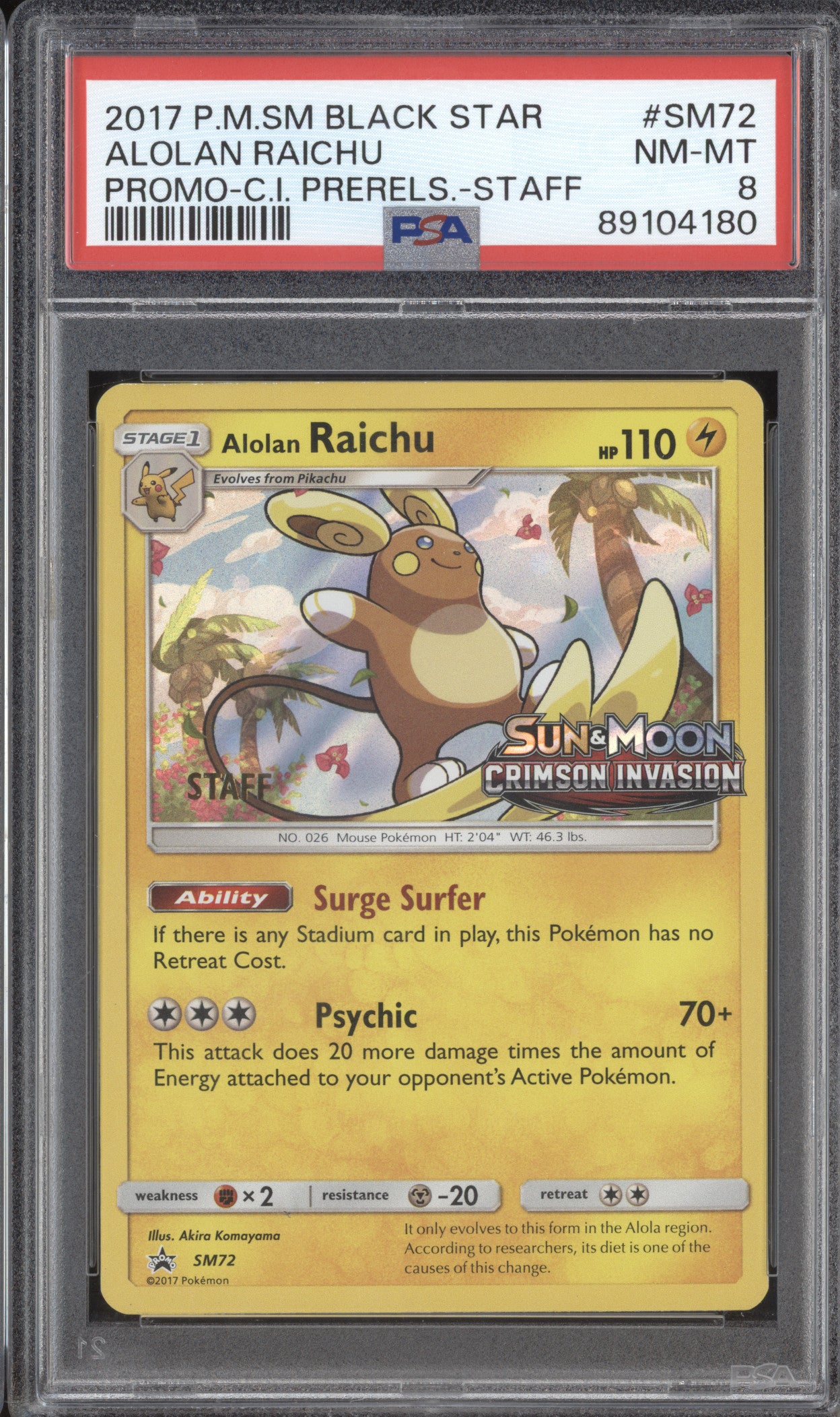 Alolan Raichu 2017 Pokemon Sun & Moon SM72 Crimson Invasion PreStaff PSA 8