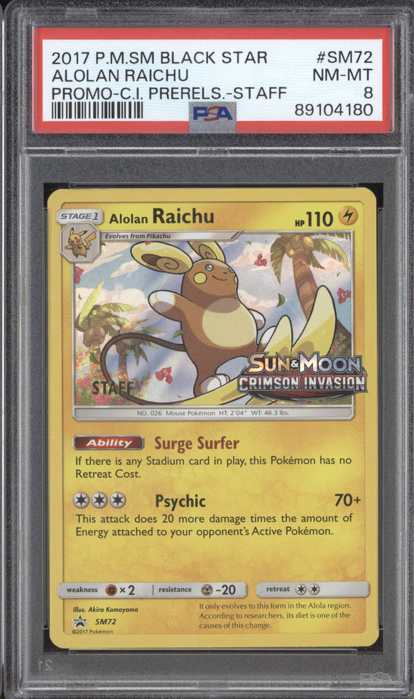 Alolan Raichu 2017 Pokemon Sun & Moon SM72 Crimson Invasion PreStaff PSA 8