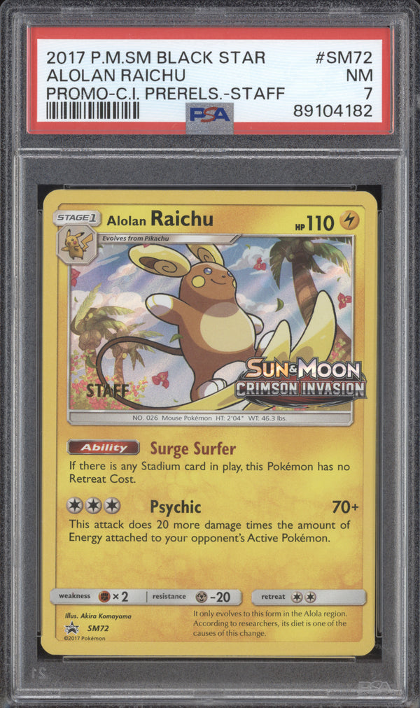 Alolan Raichu 2017 Pokemon Sun & Moon SM72 Crimson Invasion PreStaff PSA 7