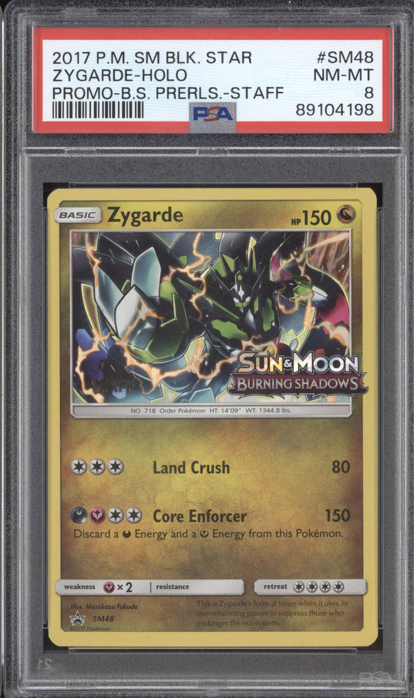 Zygarde 2017 Pokemon Sun & Moon SM48 Burning Shadows Prerelease Staff PSA 8