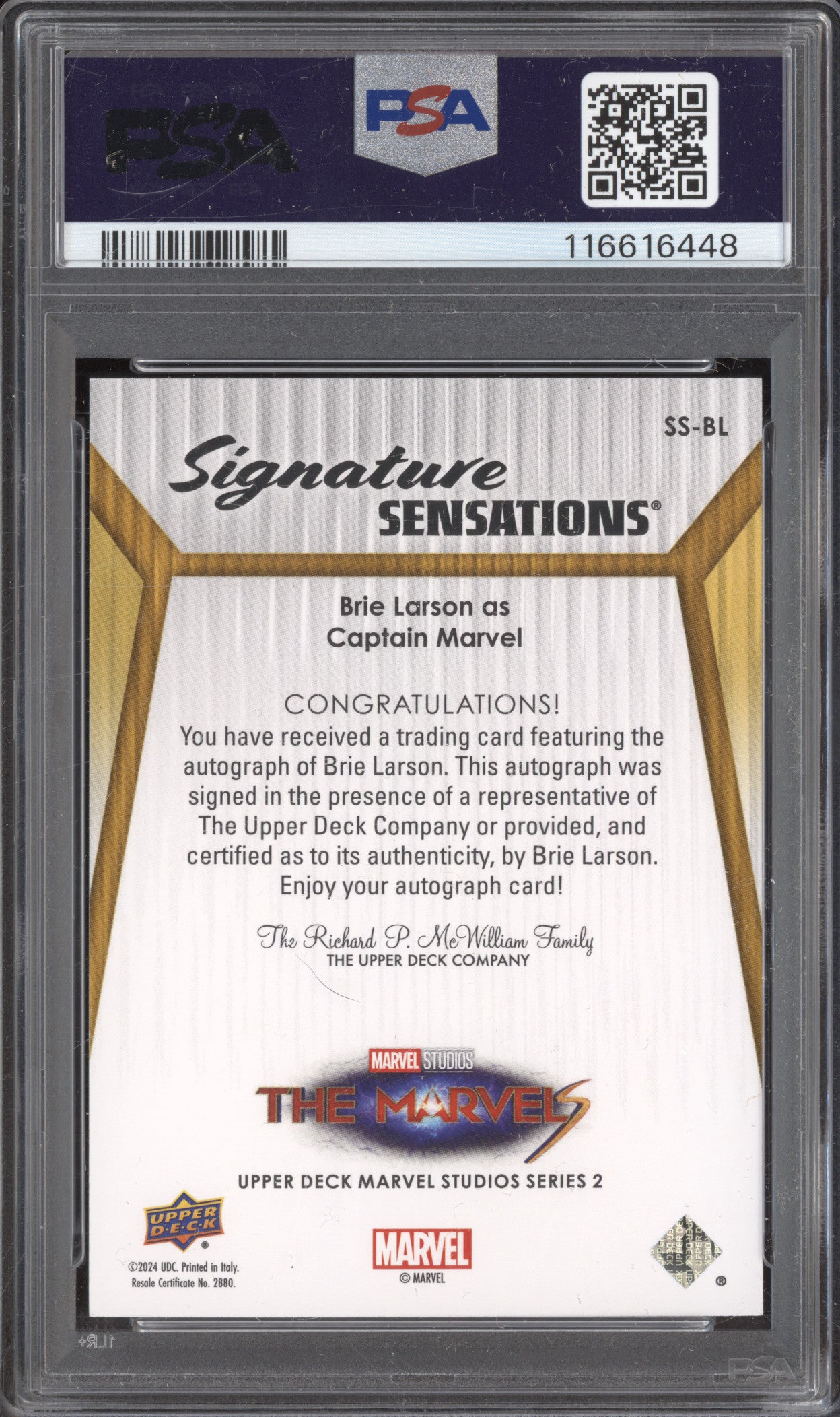 Brie Larson Captain Marvel 2024 0 Series 2 SSBL Signature Sensations PSA 10/10