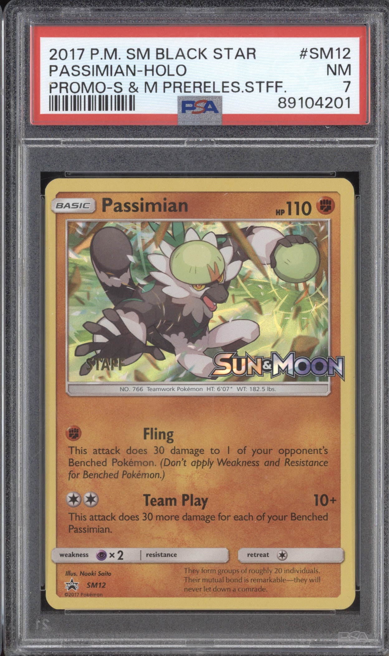 Passimian 2017 Pokemon Sun & Moon SM12 Sun & Moon Prerelease Staff PSA 7