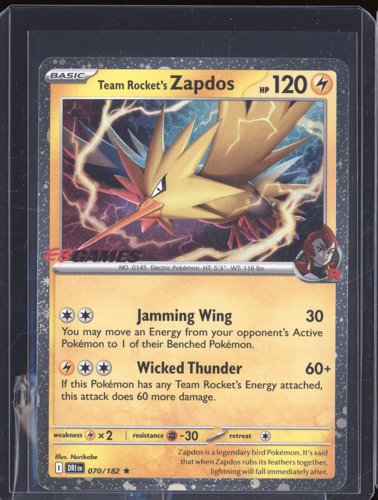 Team Rocket's Zapdos 2025 Pokemon Destined Rivals DRI 070/182 EB Games Promo