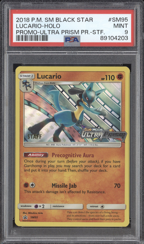 Lucario 2018 Pokemon Sun & Moon SM95 Ultra Prism Prerelease Staff PSA 9