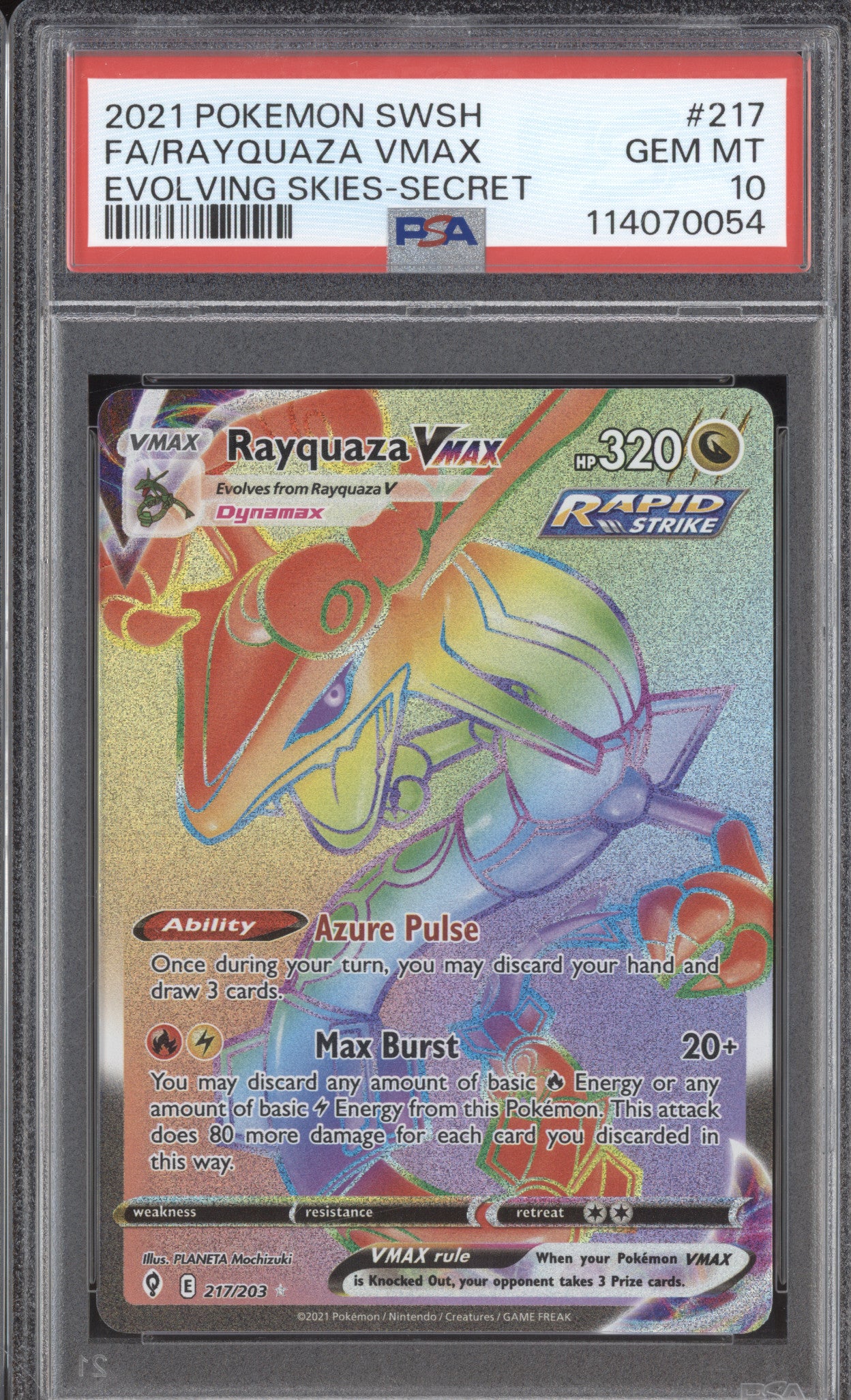 Rayquaza Vmax 2021 Pokemon Evolving Skies 217/203 Secret Rare PSA 10