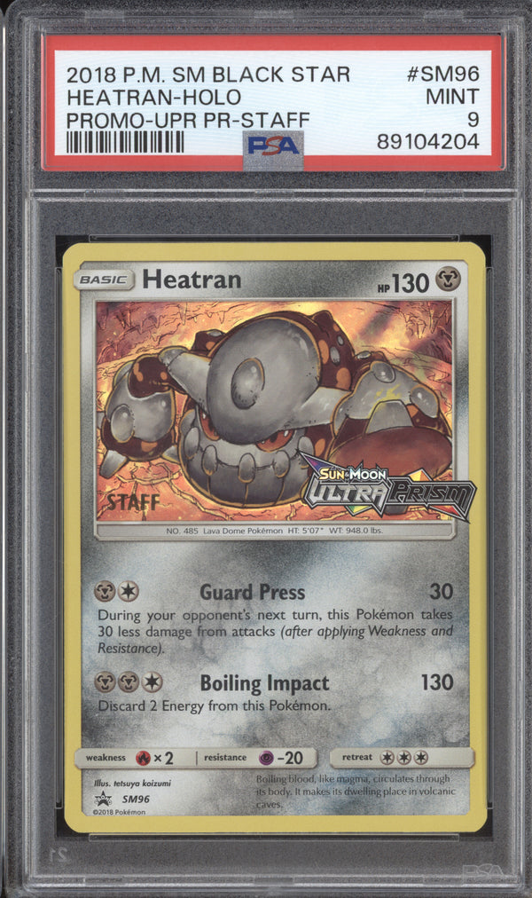 Heatran 2018 Pokemon Sun & Moon SM96 Ultra Prism Prerelease Staff PSA 9