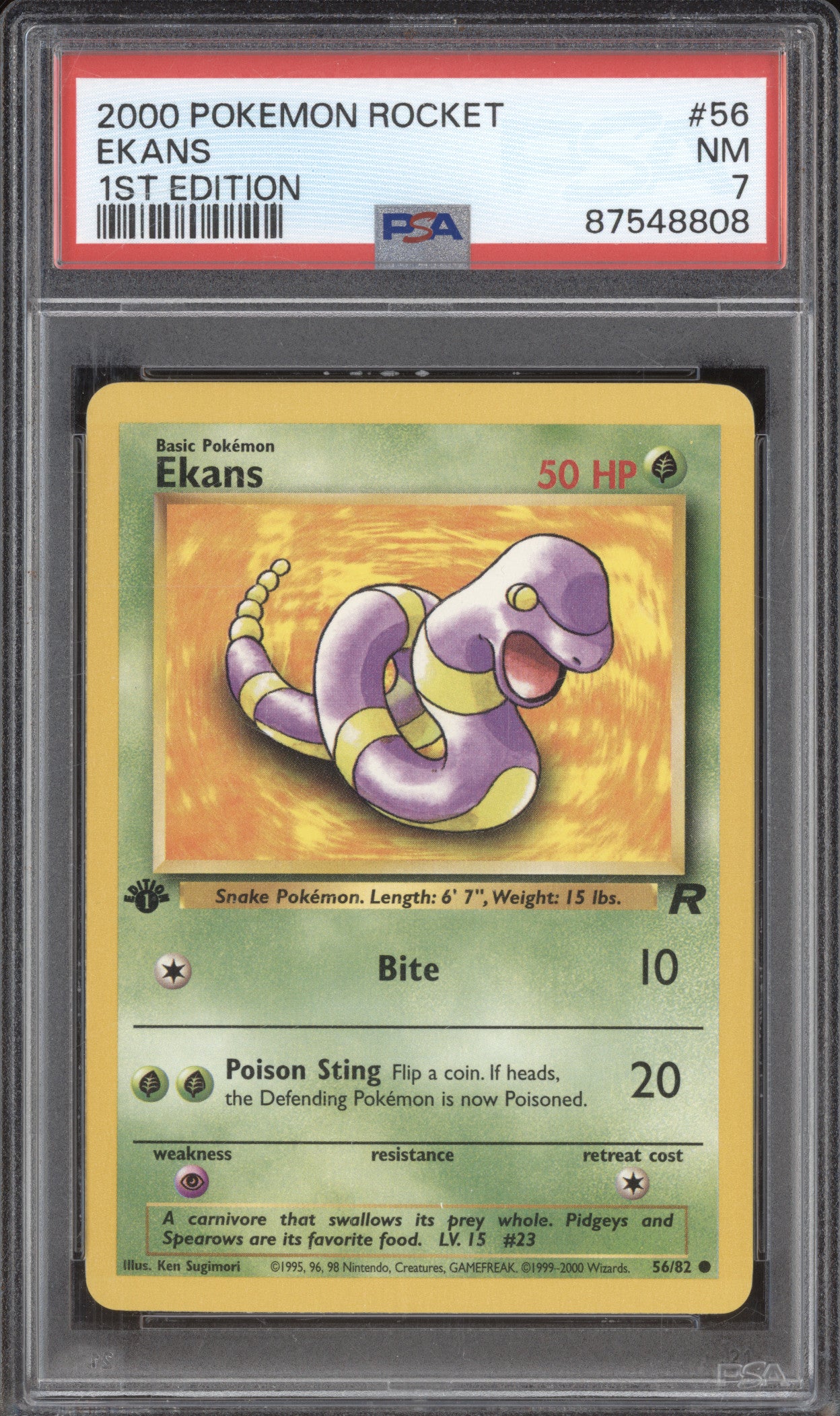 Ekans 2000 Pokemon Team Rocket 56/82 1st Edition Base PSA 7