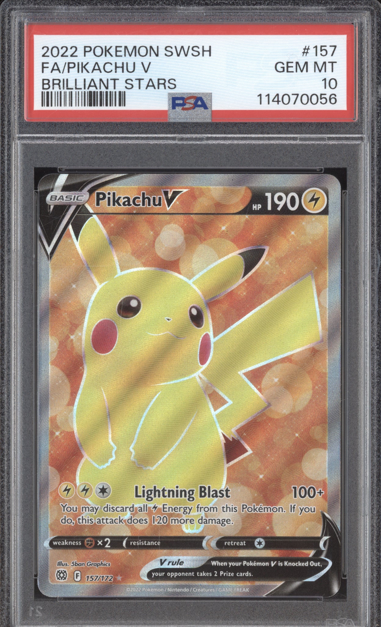 Pikachu V 2022 Pokemon Brilliant Stars 157/172 Ultra Rare PSA 10