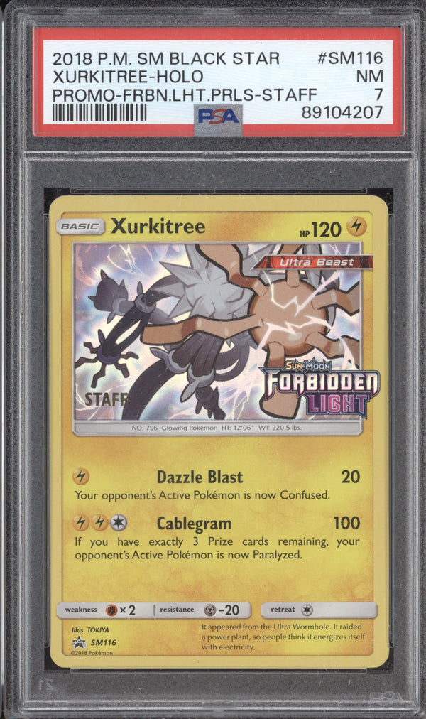 Xurkitree 2018 Pokemon Sun & Moon SM116 Forbidden Light Prerelease Staff PSA 7