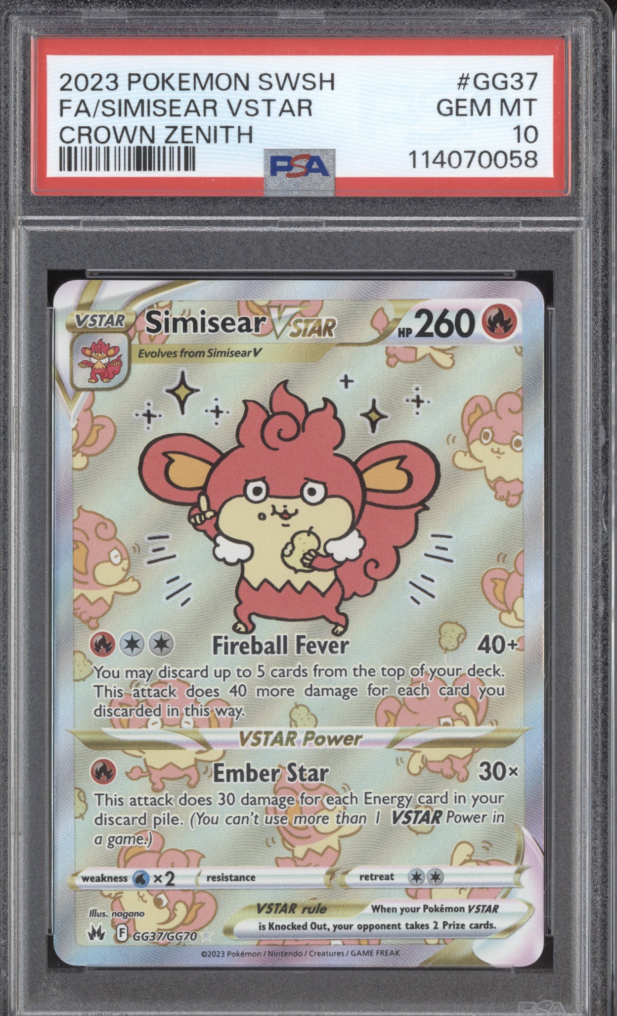 Simisear V Star 2023 Pokemon Crown Zenith GG37/GG70 Galarian Gallery Rare PSA 10