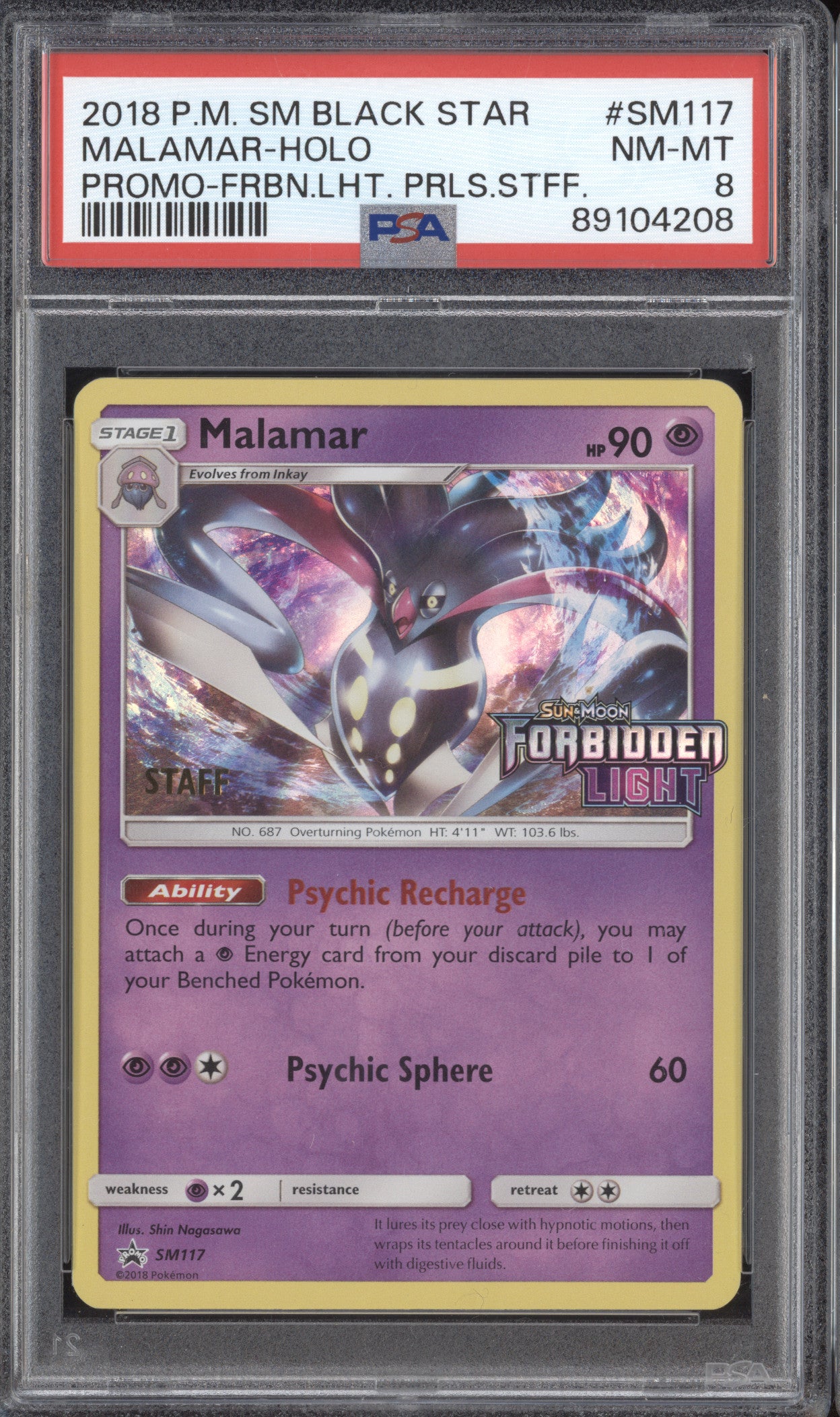 Malamar 2018 Pokemon Sun & Moon SM117 Forbidden Light Prerelease Staff PSA 8