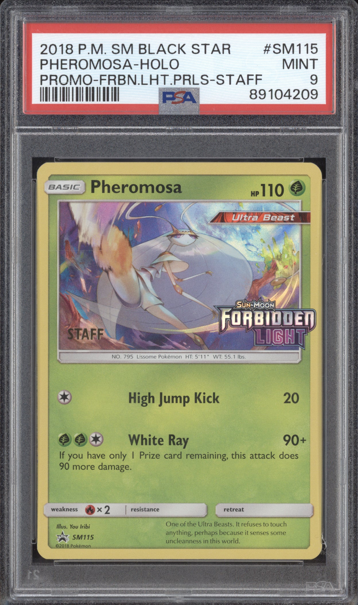 Pheromosa 2018 Pokemon Sun & Moon SM115 Forbidden Light Prerelease Staff PSA 9