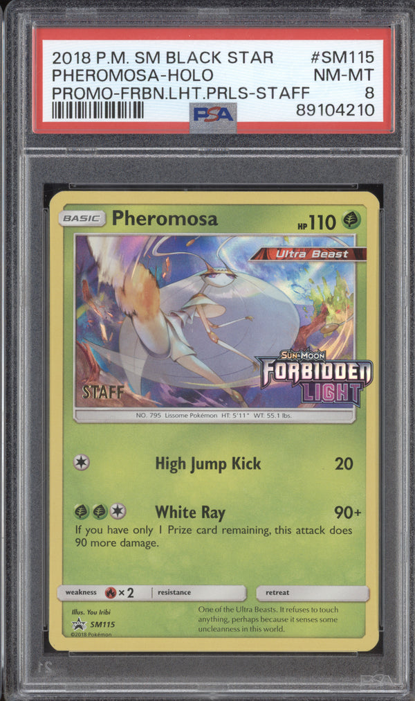 Pheromosa 2018 Pokemon Sun & Moon SM115 Forbidden Light Prerelease Staff PSA 8