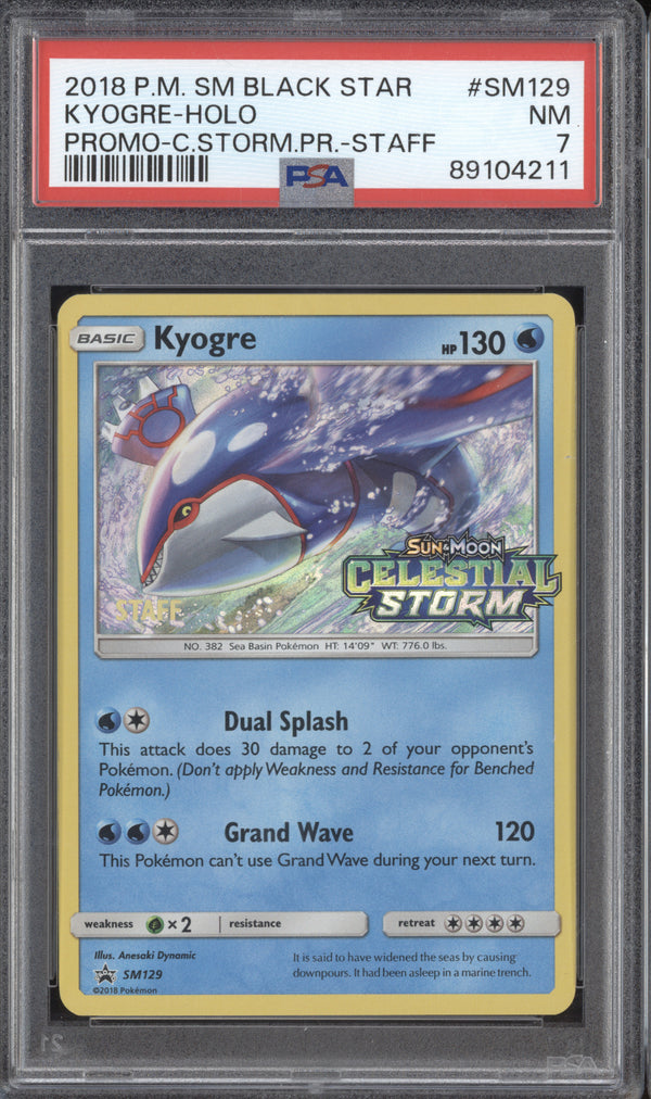 Kyogre 2018 Pokemon Sun & Moon SM129 Celestial Storm Prerelease Staff PSA 7