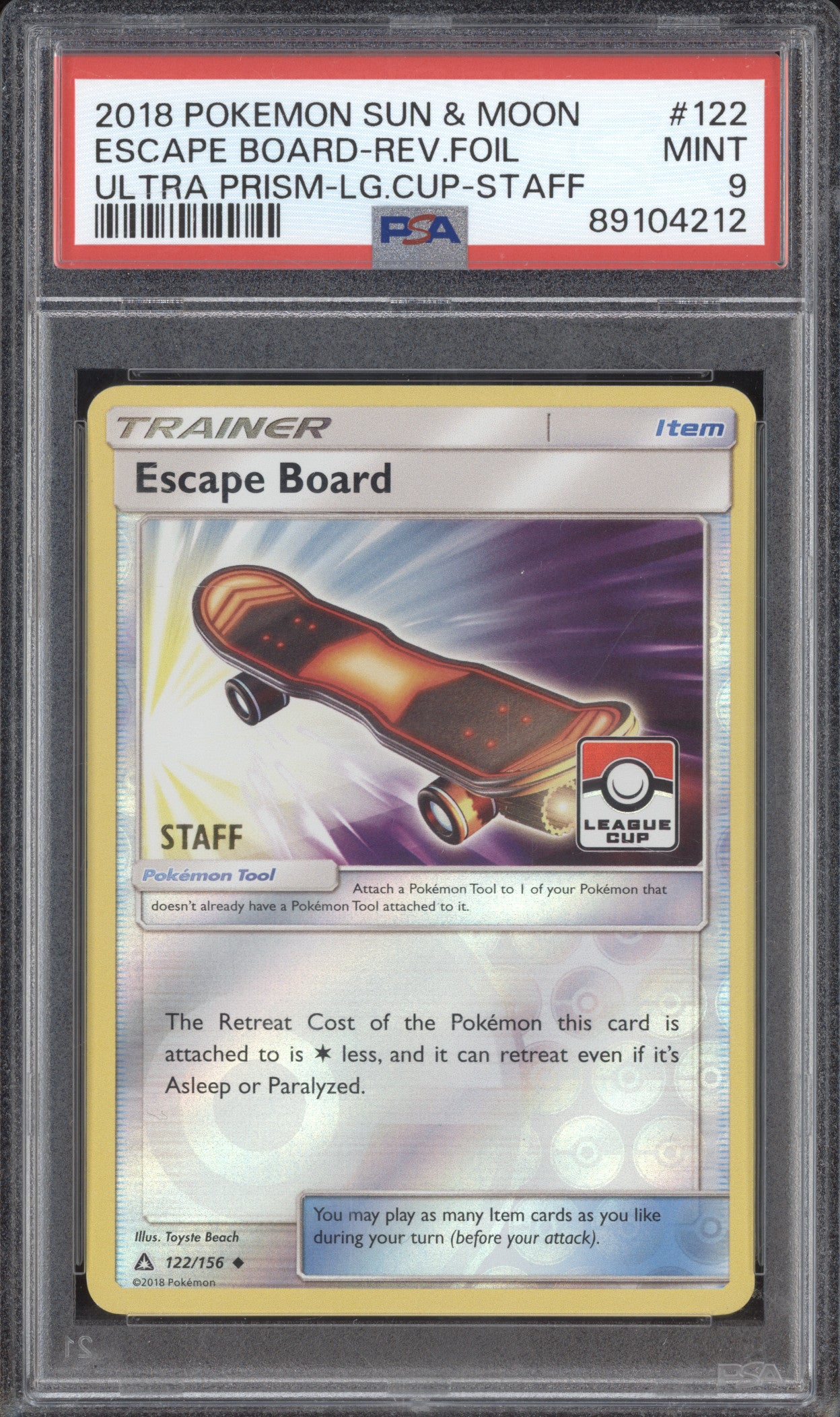 Escape Board 2018 Pokemon Ultra Prism 122/156 League Cup Staff Rev Foil PSA 9