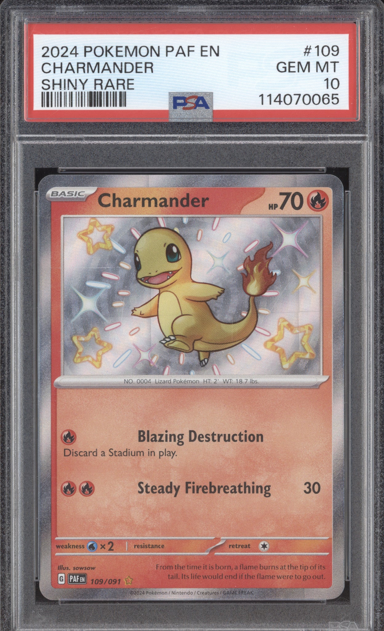 Charmander 2024 Pokemon Paldean Fates PAF 109/091 Shiny Rare PSA 10