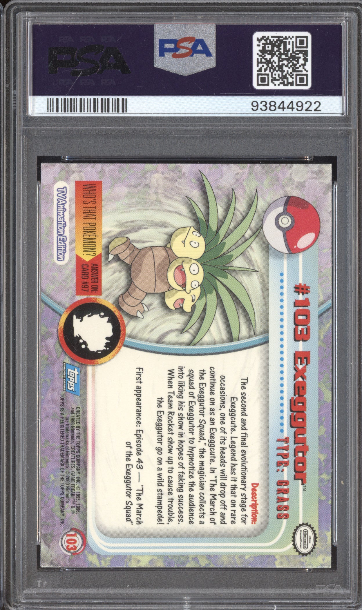 Exeggutor 2000 Pokemon Topps Series 2 103 Blue Logo PSA 10