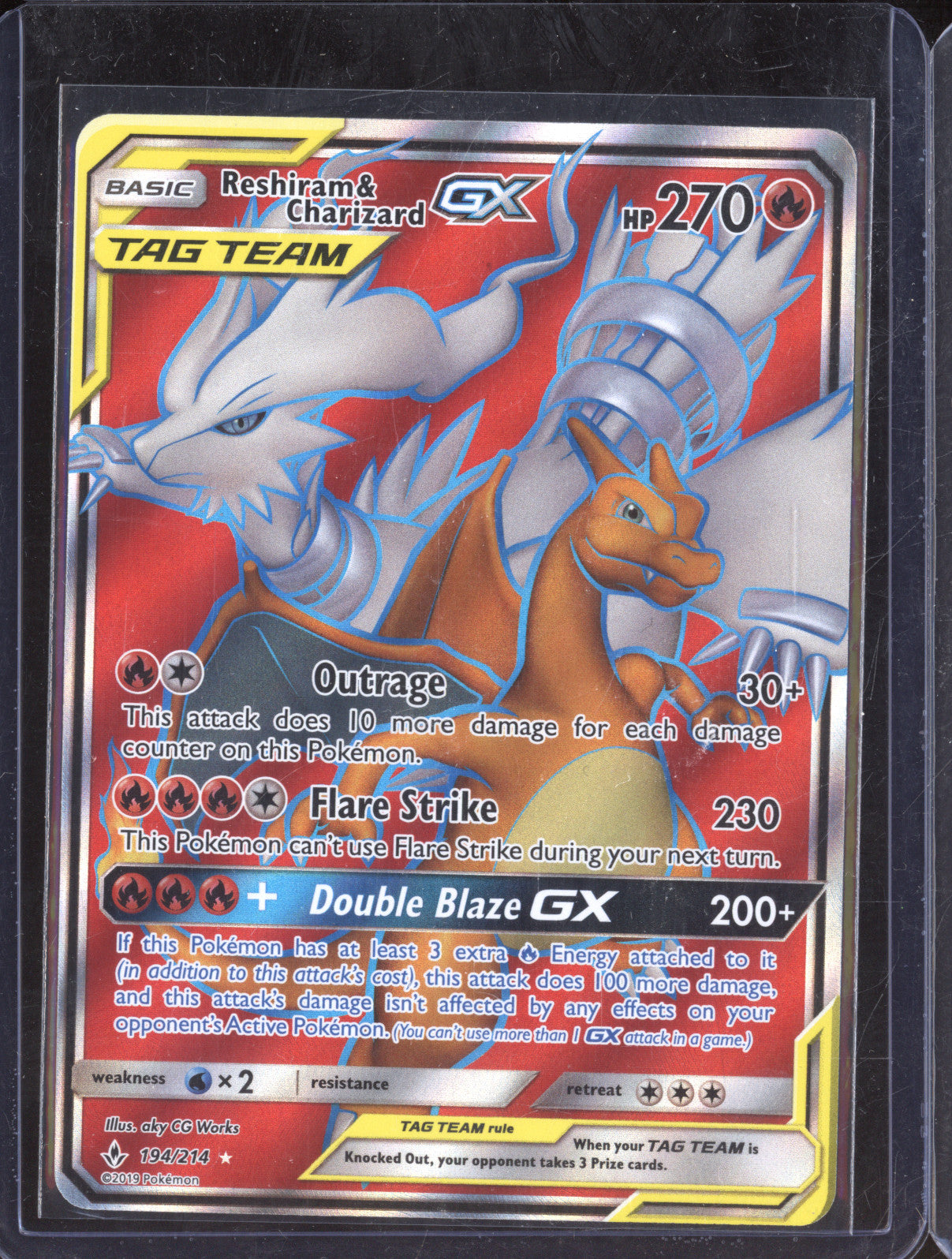 2019 Pokemon Unbroken Bonds 194/214 Reshiram & Charizard GX Holo