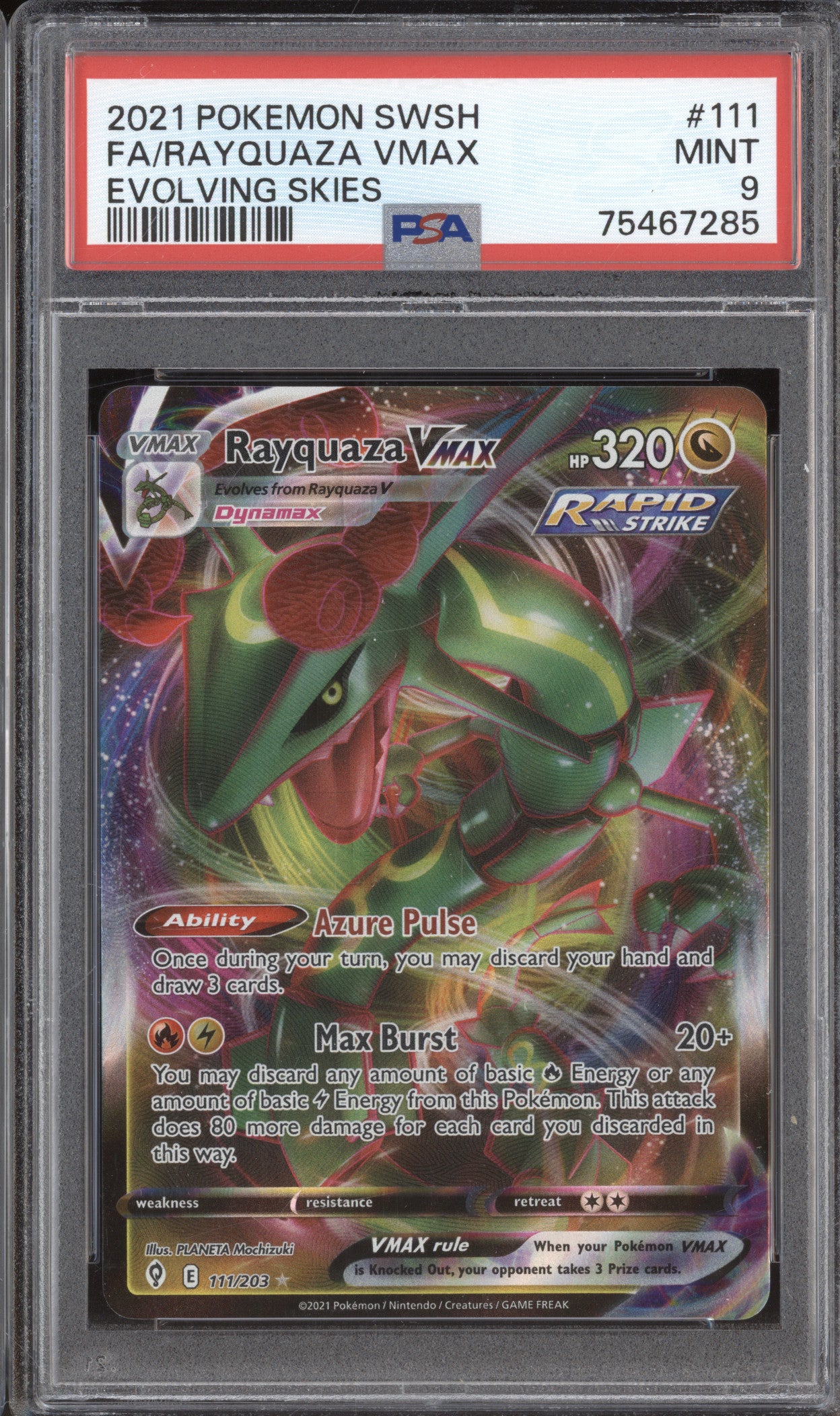 Rayquaza Vmax 2021 Pokemon Evolving Skies 111/203 Ultra Rare PSA 9