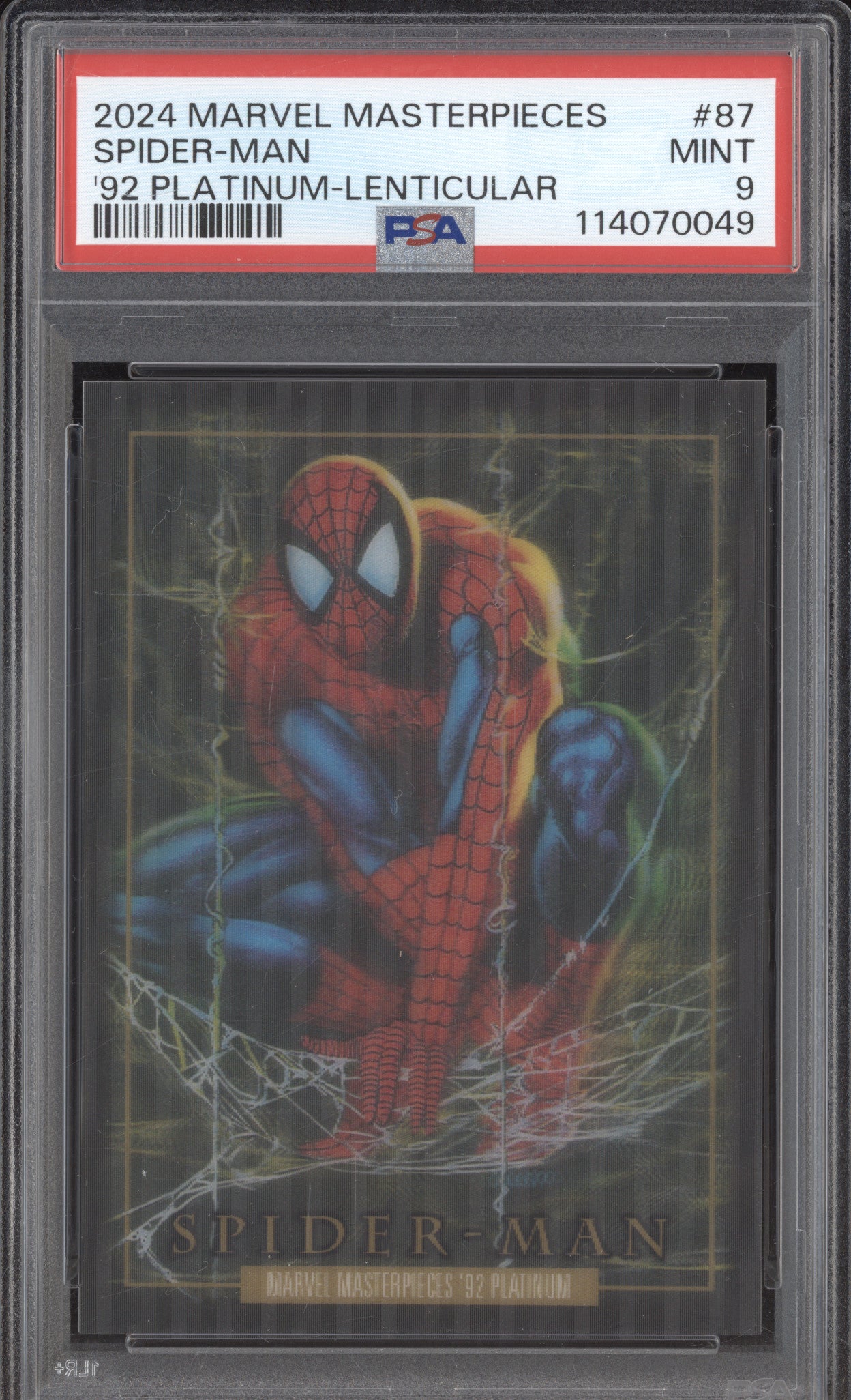 Spider-Man 2024 Skybox Masterpieces 87 92 Platinum Lenticular PSA 9