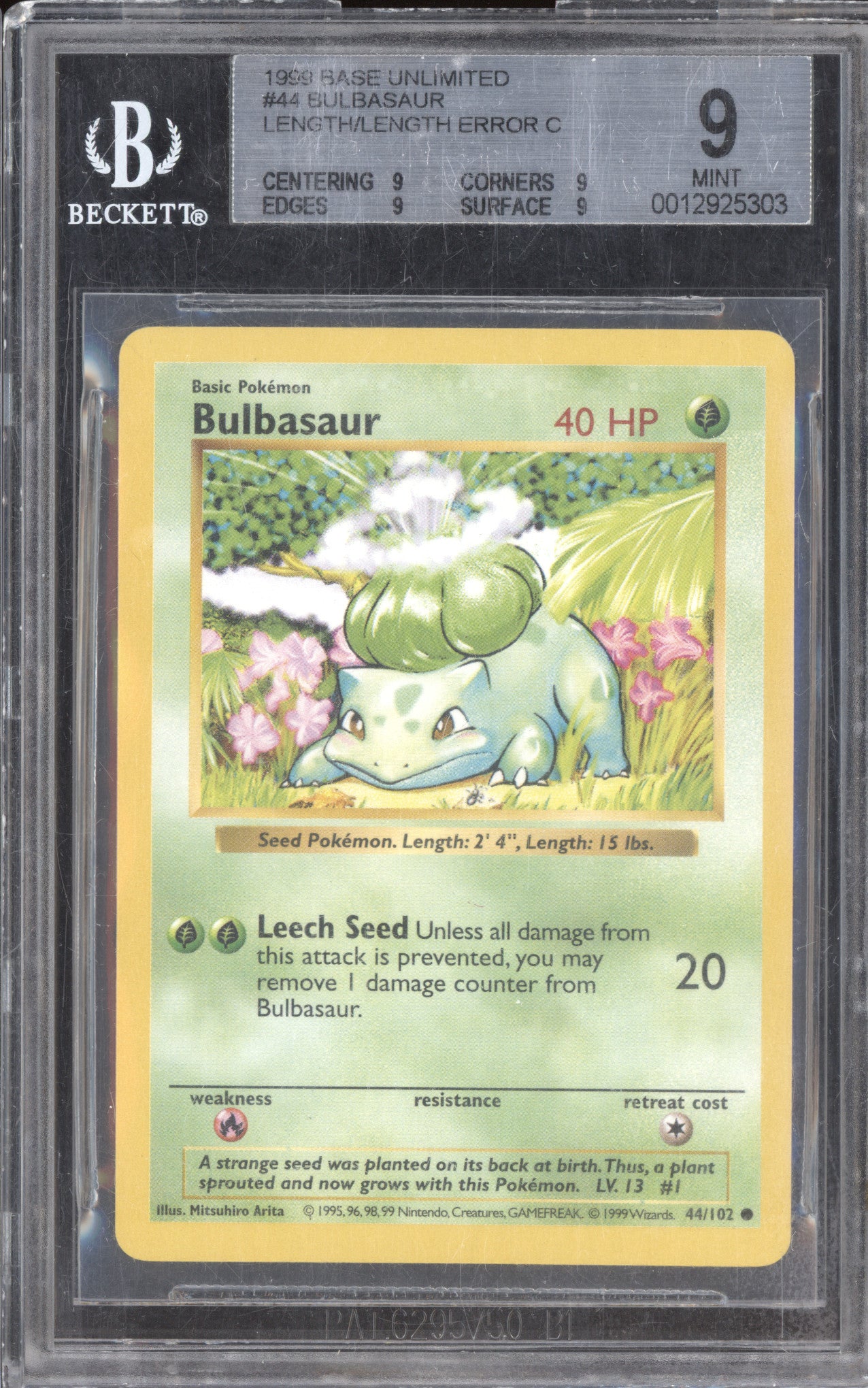 Bulbasaur 1999 Pokemon Base Set Shadowless 44/102 Length/Length Error C BGS 9