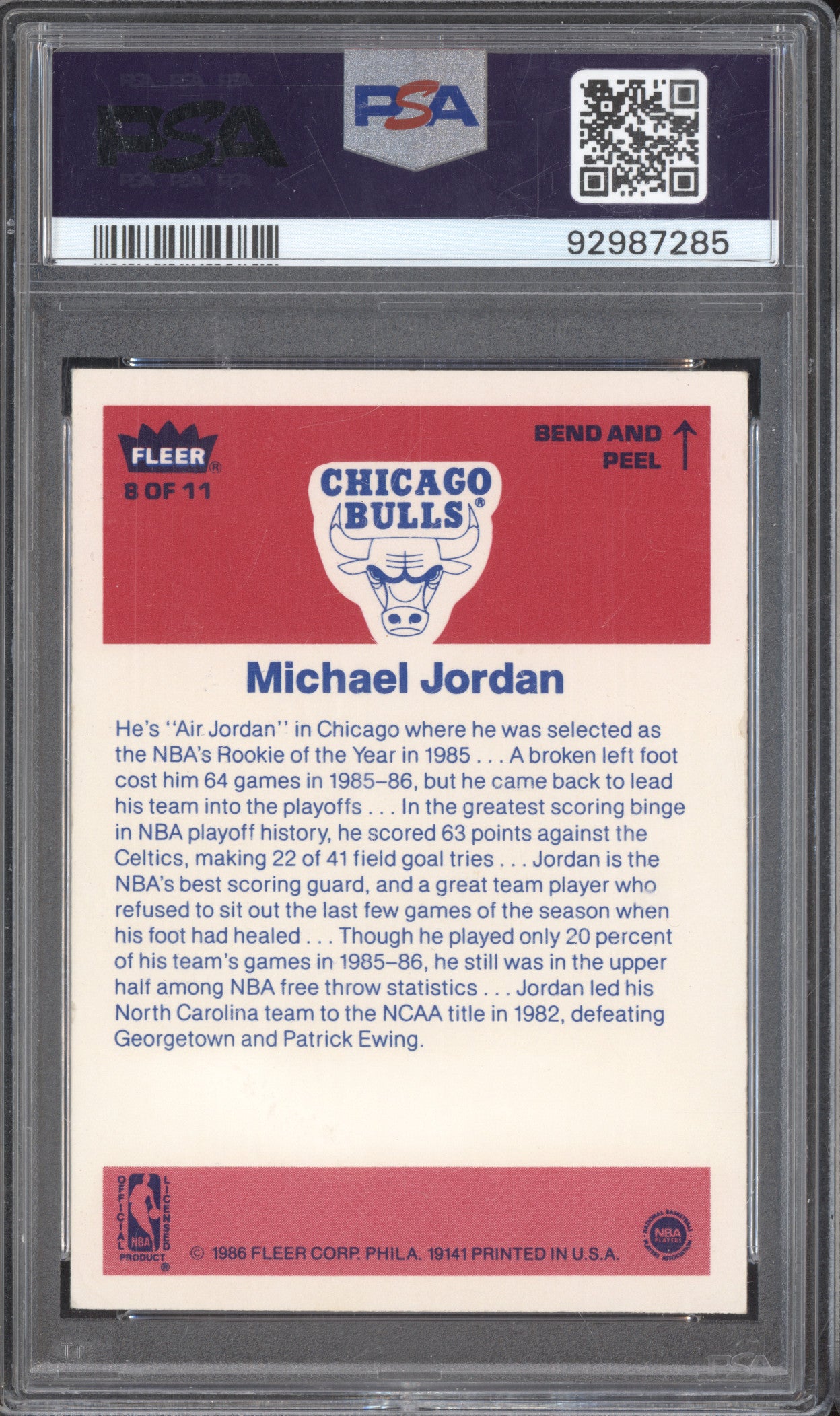 Michael Jordan 1986 Fleer Sticker 8 RC PSA 4