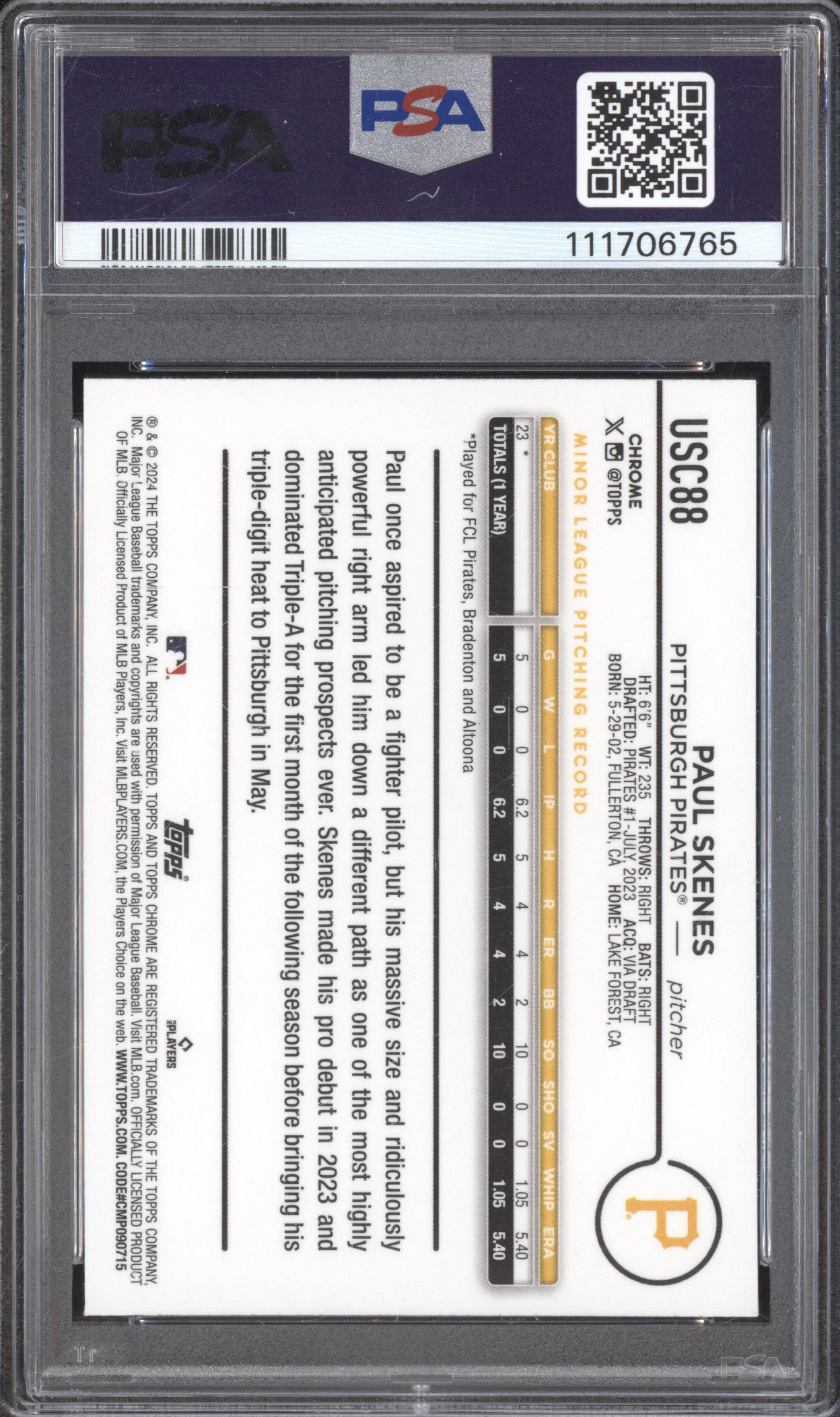 Paul Skenes 2024 Topps Chrome Update USC88 RC PSA 10