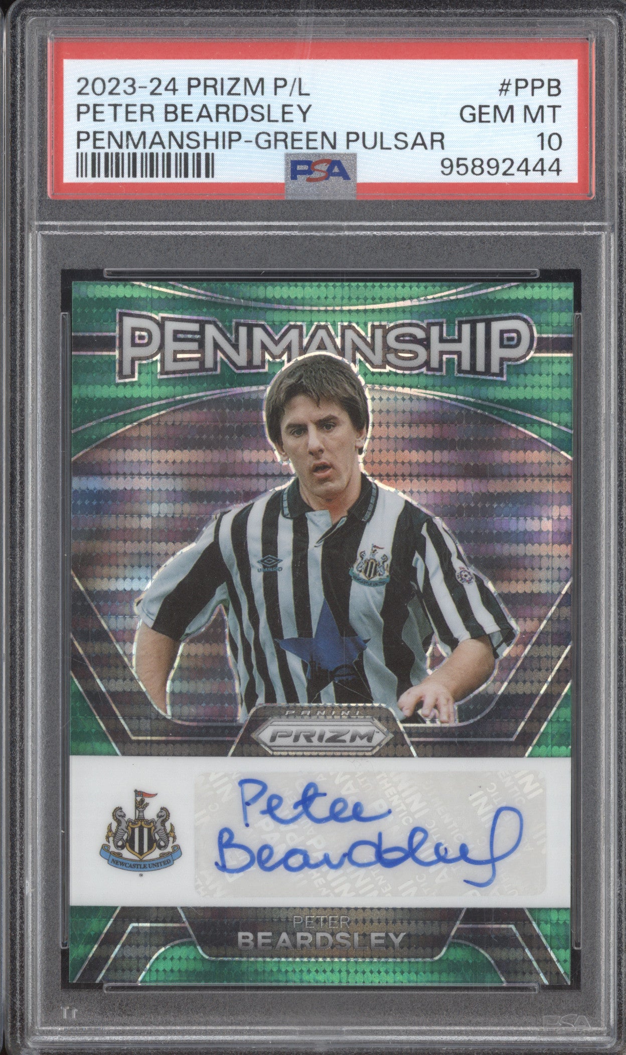 Peter Beardsley 2023-24 0 Prizm PL P-PB Penmanship Auto Green Pulsar PSA 10