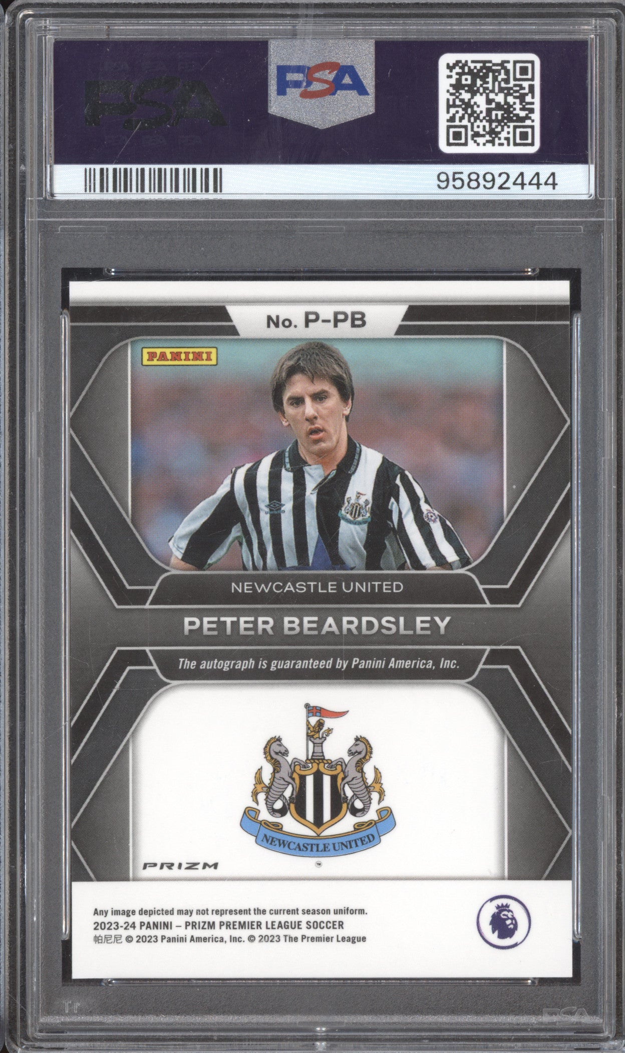 Peter Beardsley 2023-24 0 Prizm PL P-PB Penmanship Auto Green Pulsar PSA 10