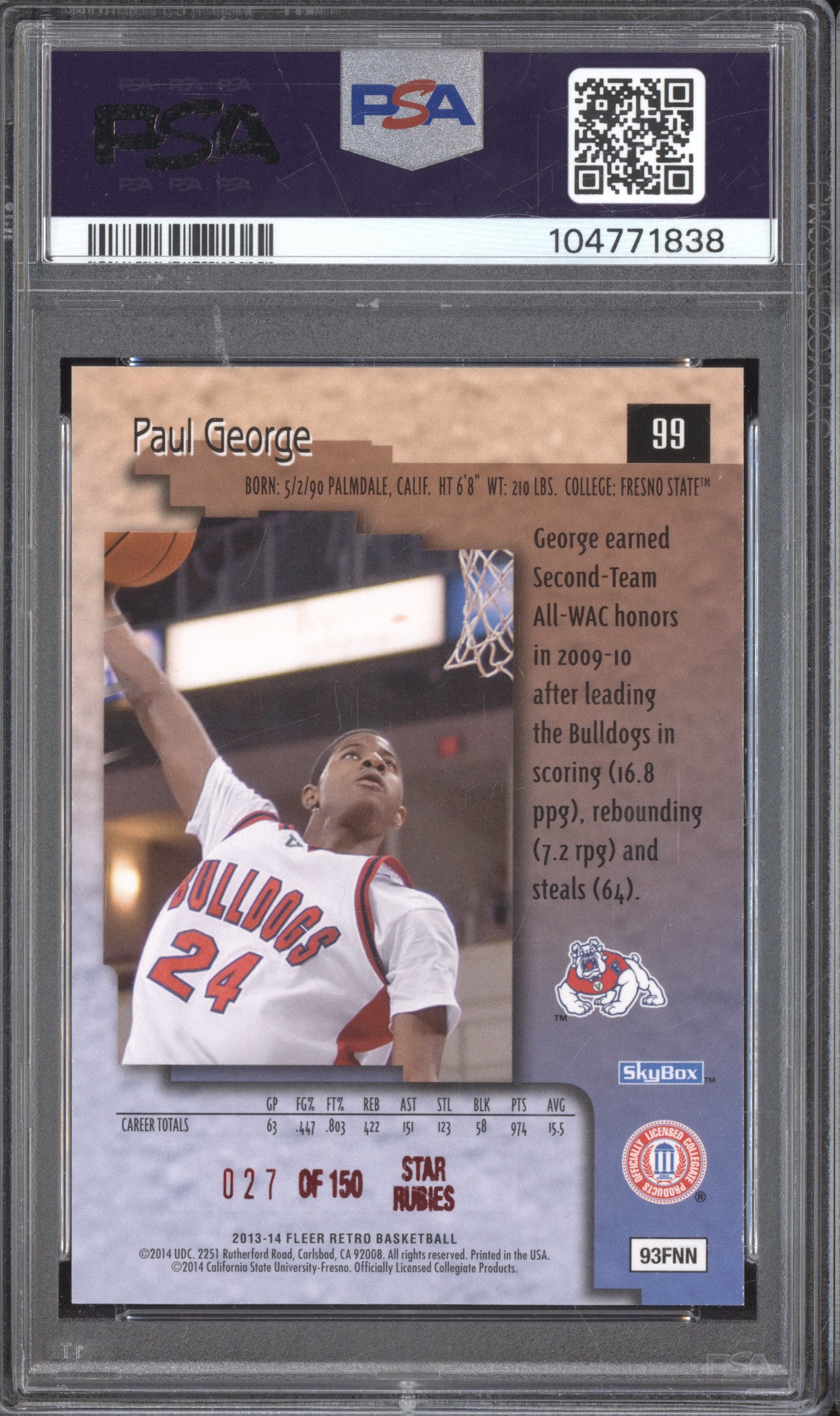 Paul George 2013-14 Fleer Retro 99 96 Skybox Premium Star Rubies 27/150 PSA 9