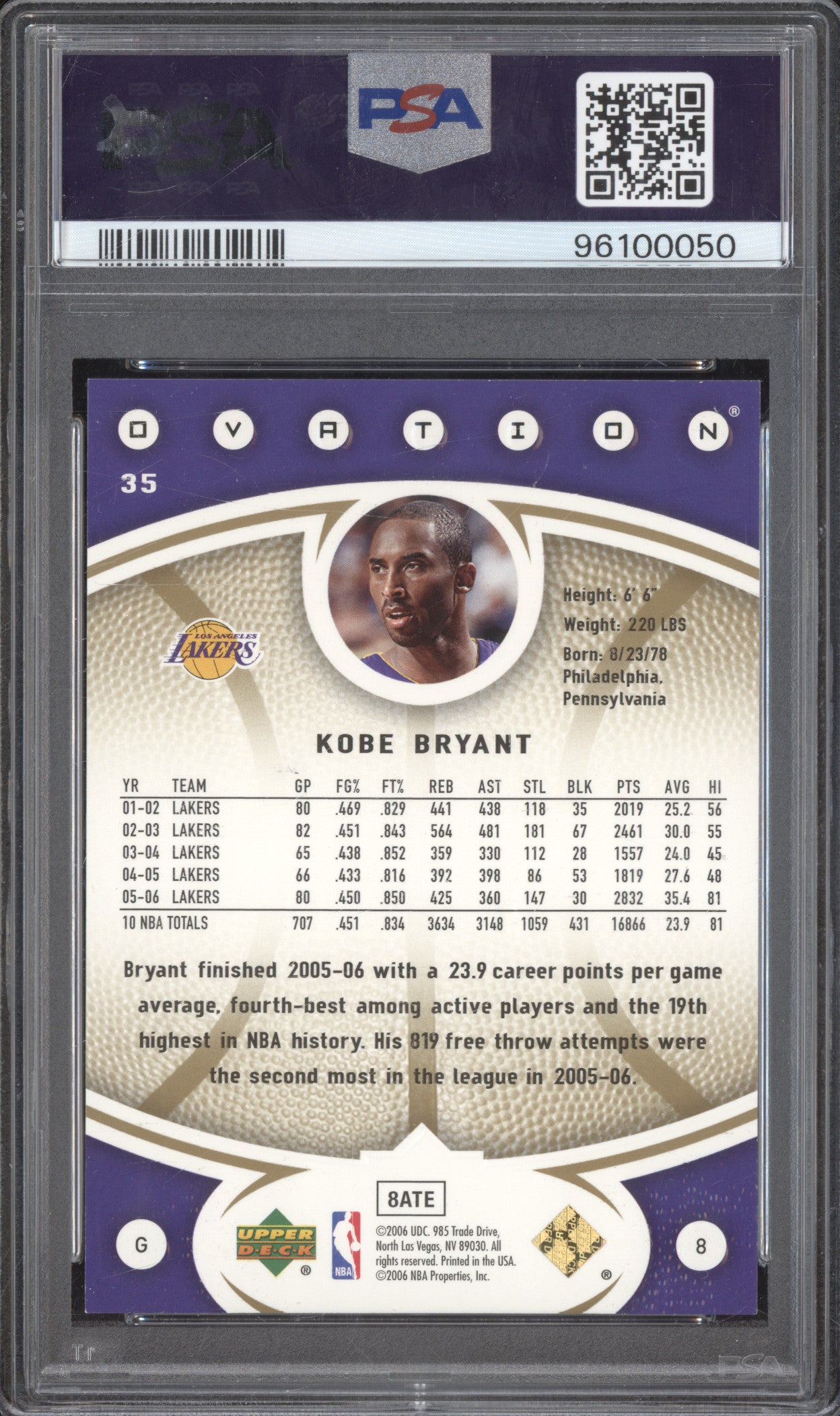 Kobe Bryant 2006 Upper Deck Ovation 35 Gold 77/99 PSA 9