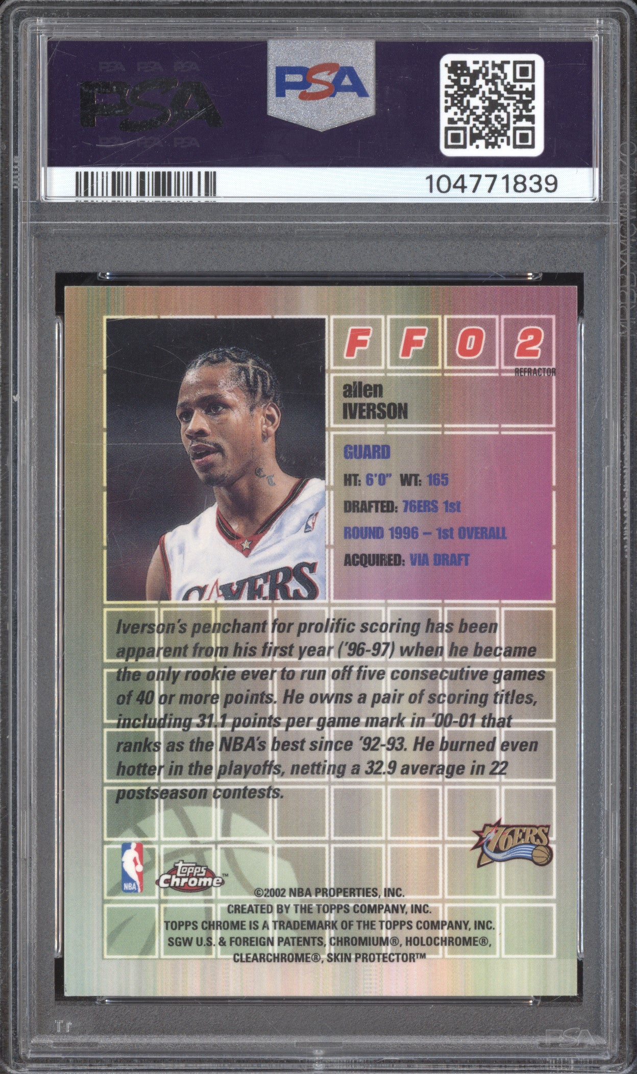 Allen Iverson 2001-02 Topps Chrome FF02 Fast & Furious Refractor PSA 8