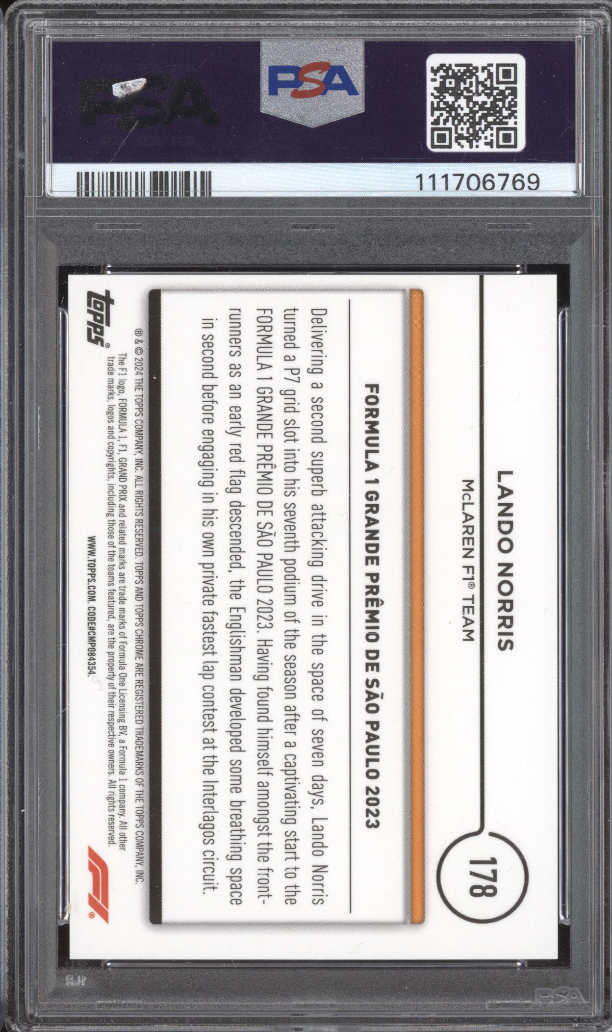 Lando Norris 2024 Topps Chrome Formula 1 178 Red Refractor 4/5 PSA 9