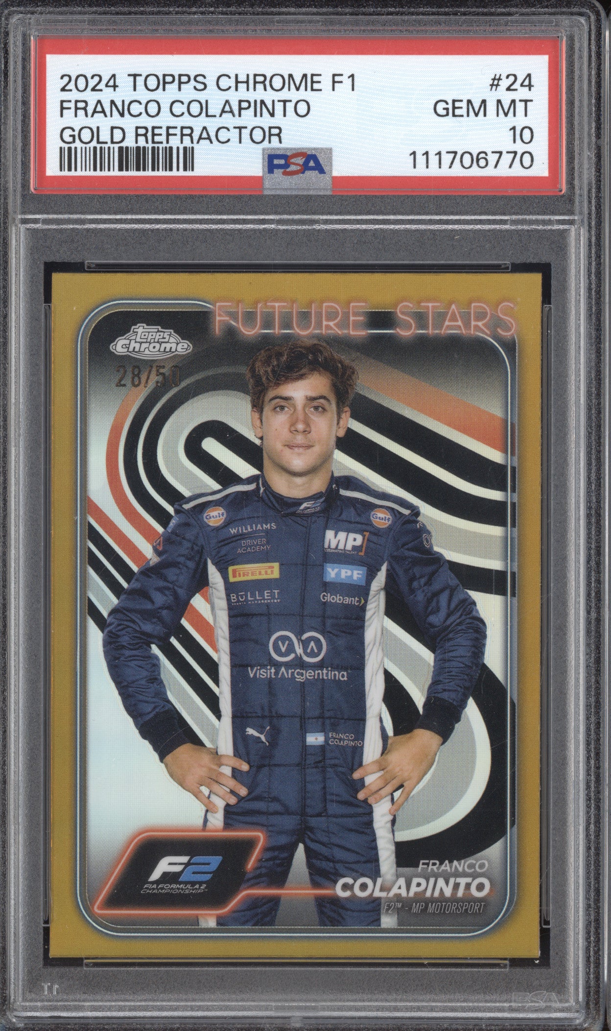 Franco Colapinto 2024 Topps Chrome Formula 1 24 Gold Refractor 28/50 PSA 10