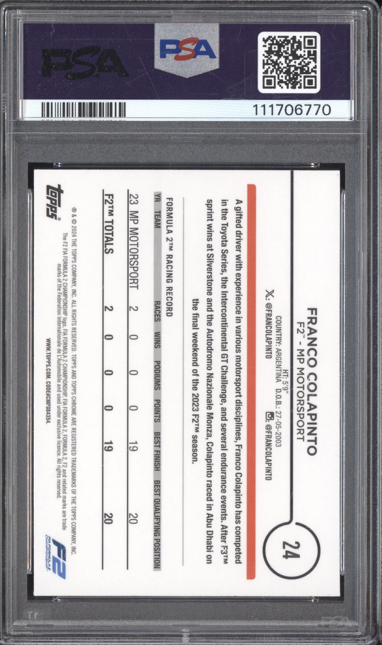 Franco Colapinto 2024 Topps Chrome Formula 1 24 Gold Refractor 28/50 PSA 10