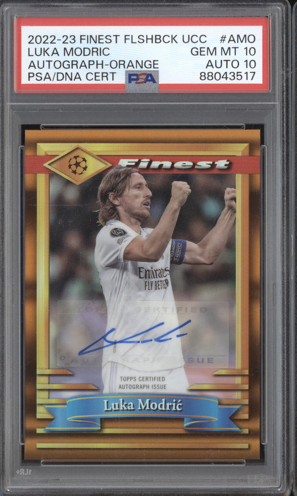 Luka Modric 2022-23 Topps Finest Flashback UCC A-MO Orange Auto 7/10 PSA 10/10