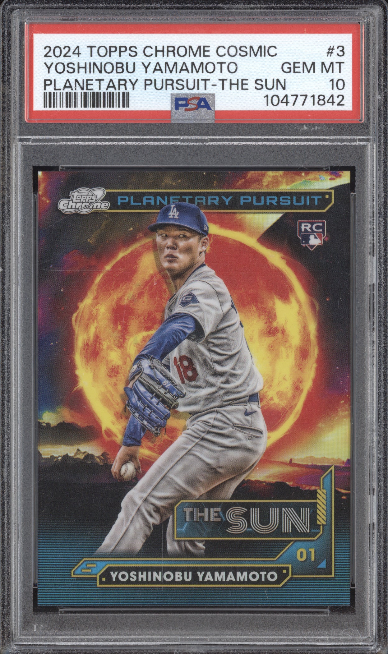 Yoshinobu Yamamoto 2024 Topps Cosmic Chrome Planetary Pursuit Sun RC PSA 10
