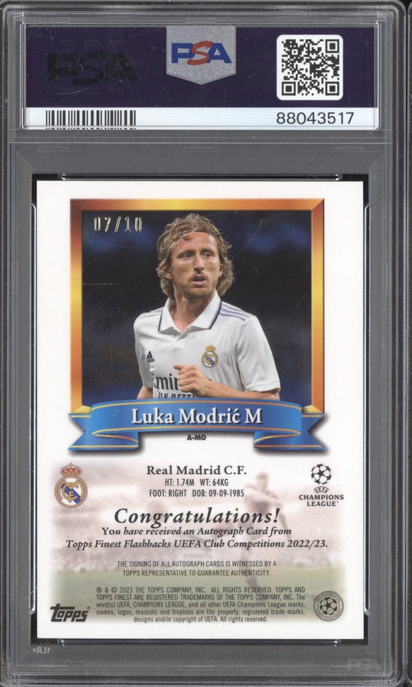 Luka Modric 2022-23 Topps Finest Flashback UCC A-MO Orange Auto 7/10 PSA 10/10