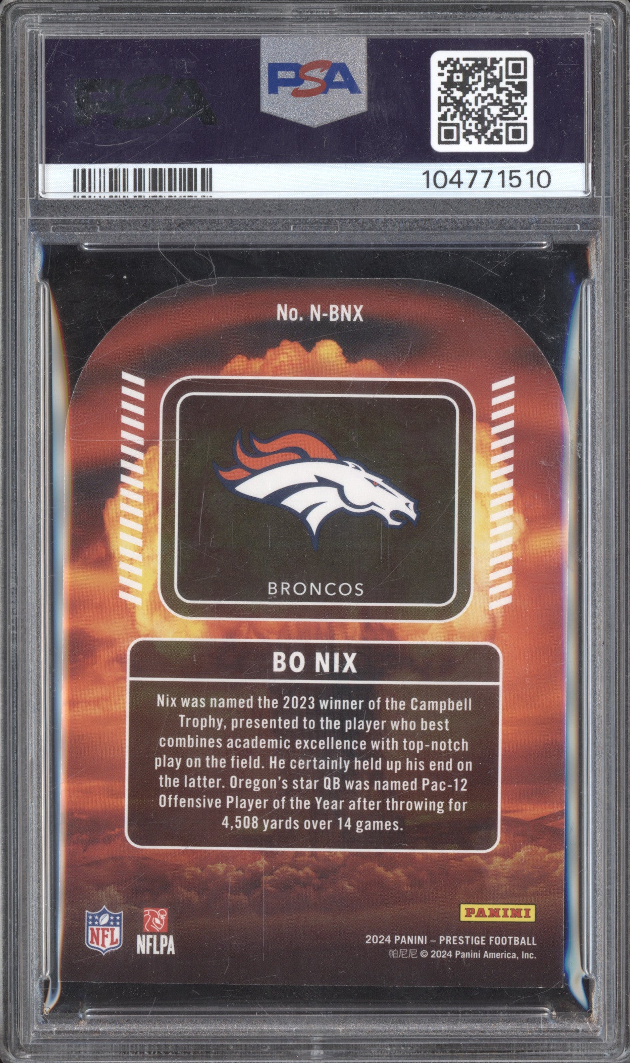 Bo Nix 2024 Panini Prestige N-BNX Nuclear RC PSA 9