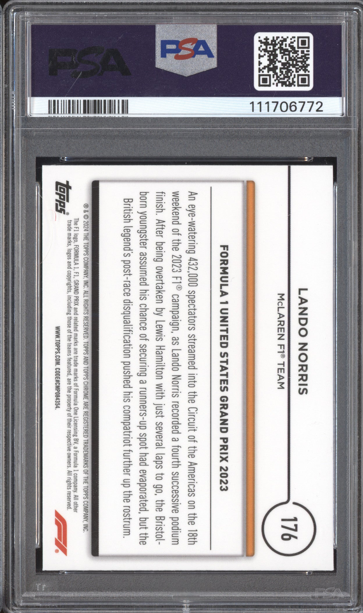 Lando Norris 2024 Topps Chrome Formula 1 176 Gold Purple PSA 10