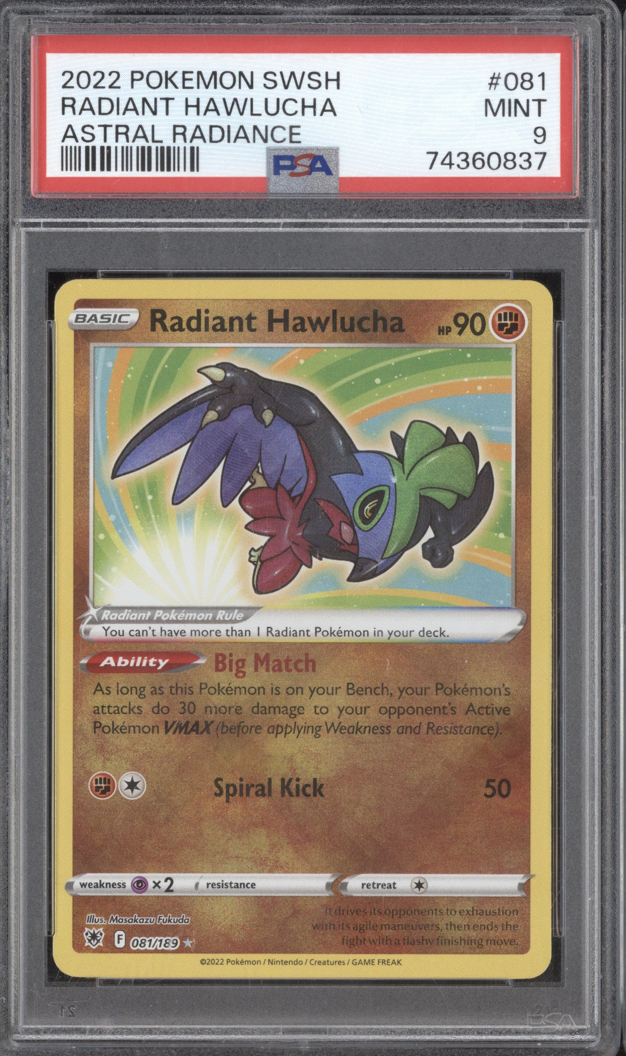 Radiant Hawlucha 2022 Pokemon Astral Radiance 081/189 Radiant Rare PSA 9