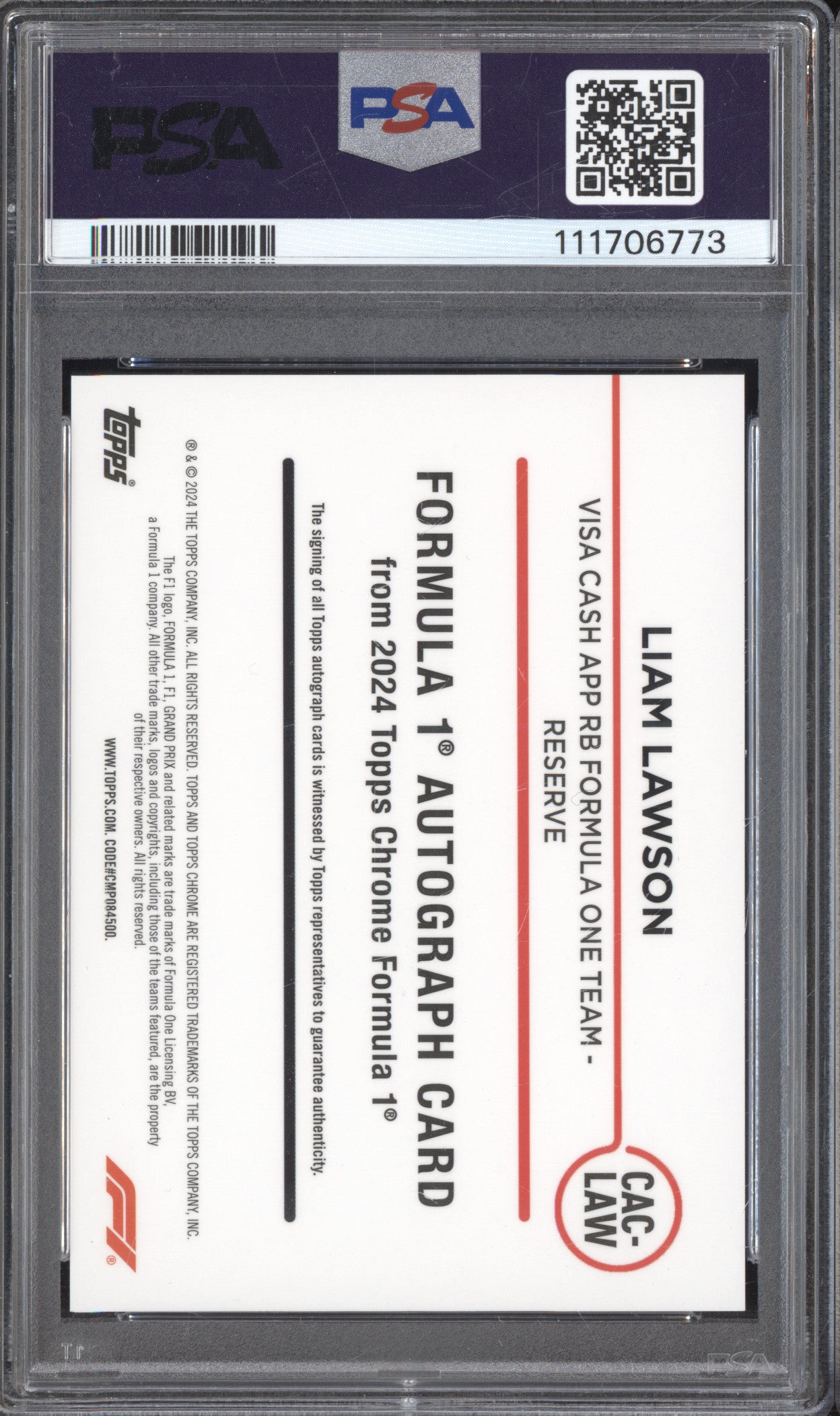 Liam Lawson 2024 Topps Chrome Formula 1 CAC-LAW Auto PSA 9