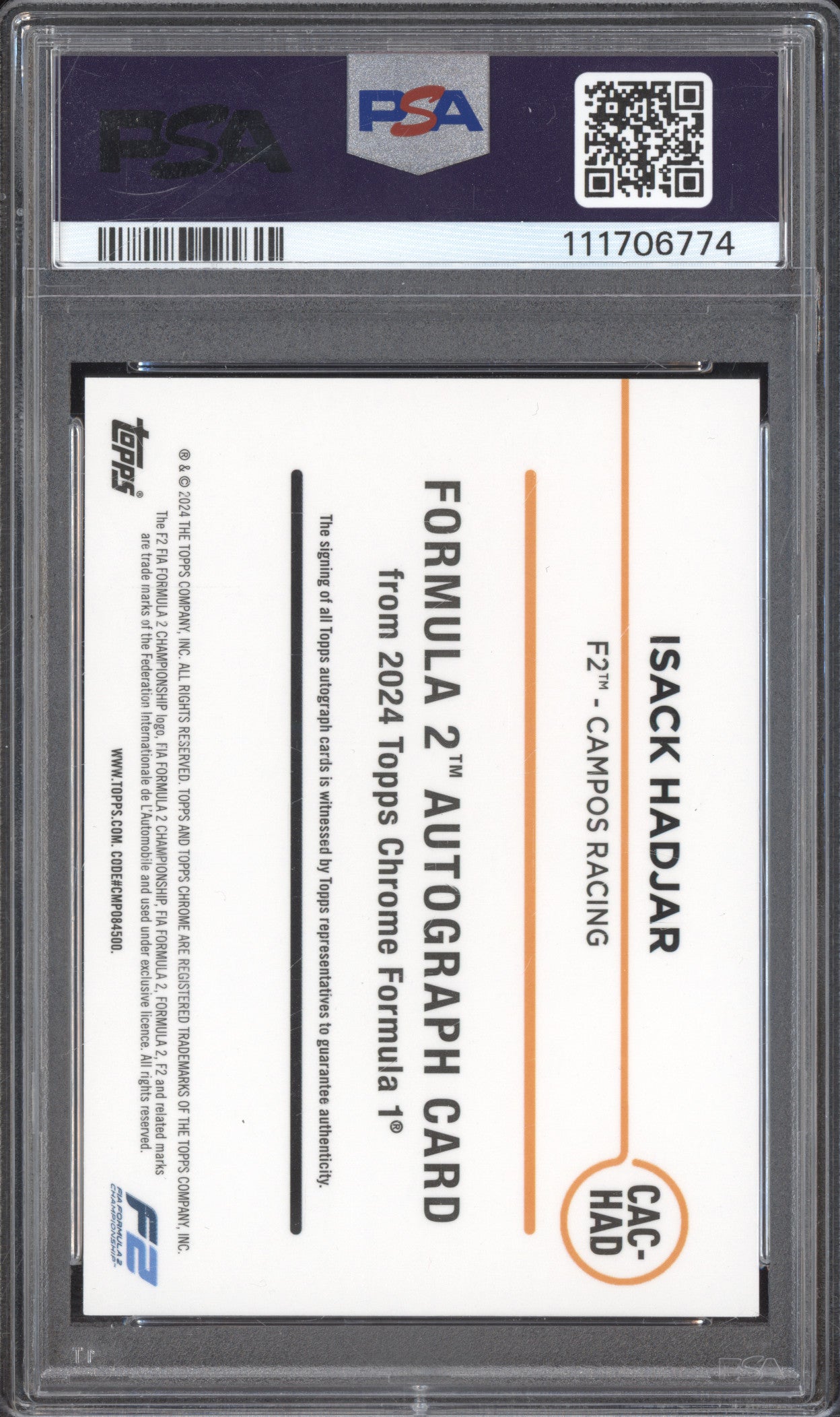 Isack Hadjar 2024 Topps Chrome Formula 1 CAC-HAD Auto PSA 9