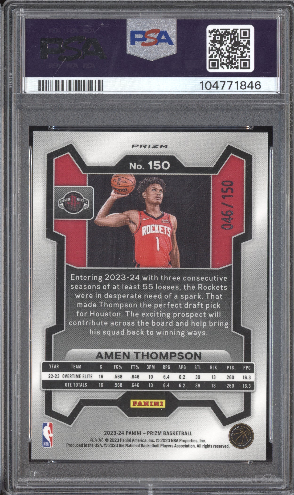 Amen Thompson 2023-24 Panini Prizm 150 Blue Fast Break RC 46/150 PSA 10